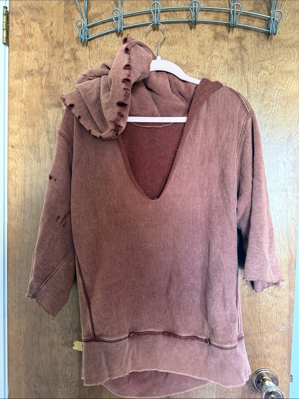 Free People Distressed V-Neck Hooded Sweater in Dusty Mauve